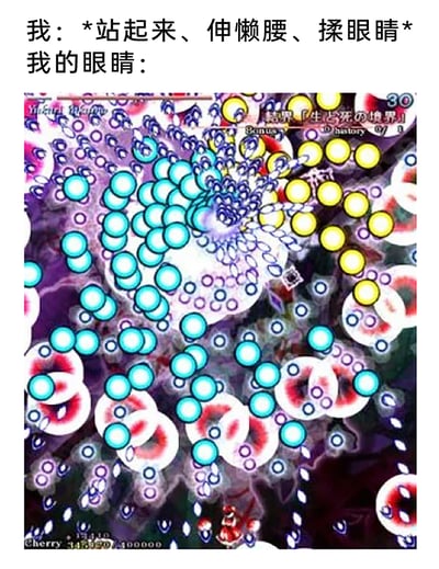 这是一张用来调侃刚睡醒视觉状态的趣味梗图，上方用文字描述第一人称“我”完成站起来、伸懒腰、揉眼睛的动作，下方使用东方Project系列游戏中极其密集的弹幕截图，模拟人在刚睡醒、揉眼后视线模糊，看到的事物充满重影、杂乱视觉元素的真实生理体验，通过夸张的游戏弹幕画面，生动又搞笑地还原了刚醒时视觉不清的状态。