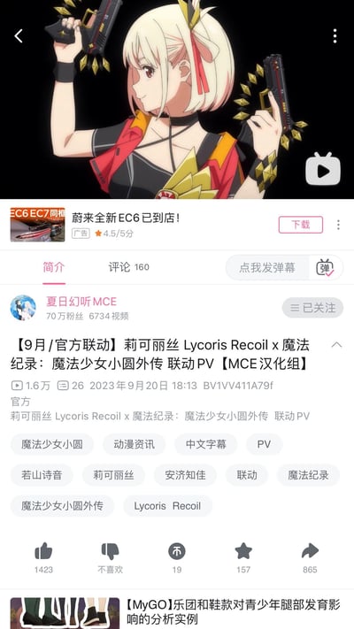 图片为视频平台播放界面截图，顶部展示动画《莉可丽丝》角色錦木千束的特写：金发短发，身着黑红配色战斗服，双手各持一把带有金色装饰的枪械，表情自信。下方为视频信息区域，显示标题“[9月/官方联动] 莉可丽丝 Lycoris Recoil x 魔法纪录：魔法少女小圆外传 联动PV【MCE汉化组】”，上传者“夏日幻听MCE”（70万粉丝、6734个视频），播放量1.6万，发布于2023年9月20日18:13，BV号BV1VVv411A79f。界面含“简介”“评论(160)”标签页及点赞(1423)、投币(19)、收藏(157)、分享(865)等互动按钮，顶部另有蔚来EC6/EC7汽车广告。