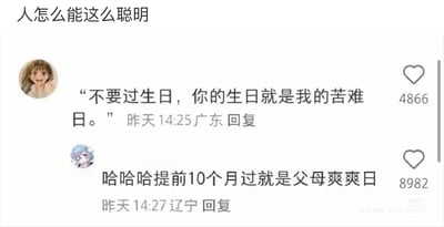 这是一张来自小红书平台的评论区截图，顶部配有文字“人怎么能这么聪明”，下方展示了两条关于生日话题的趣味高赞评论。第一条是来自广东的网友评论“不要过生日，你的生日就是我的苦难日”，从母亲生育的辛苦角度反向调侃生日的意义，获得了4866个点赞；第二条是辽宁网友的评论“哈哈哈提前10个月过就是父母爽爽日”，用直白的玩笑呼应上一条评论的梗，进一步解构生日的常规认知，获得了8982个点赞。两条评论通过反向视角制造出搞笑的反差感，是网络上常见的玩梗内容。