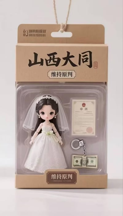 这是一张以手办包装形式呈现的AI生成梗图，包装正面标注着「山西大同」和「维持原判」字样，内部是身着婚纱的Q版女孩手办，搭配写有「申诉」的文书、带有美元钞票的手铐造型钥匙扣配件。该图结合山西大同相关社会热点事件，用手办包装的戏谑形式，借「维持原判」「申诉」「手铐美元」等元素，表达对事件的舆论态度，风格讽刺且充满玩梗趣味。