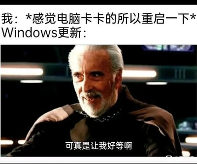 这是一张针对Windows系统自动更新的吐槽梗图，上方文字模拟用户的想法：“*感觉电脑卡卡的所以重启一下*”，紧接着标注“Windows更新：”，搭配《星球大战》中杜库伯爵的影视截图，截图里的配文“可真是让我好等啊”将Windows更新拟人化，生动表现出用户本想通过重启解决电脑卡顿问题，却刚好触发系统等待已久的自动更新的无奈又好笑的经历，精准戳中大量Windows用户被不合时宜的自动更新打断操作的糟心体验，极易引发共鸣。
