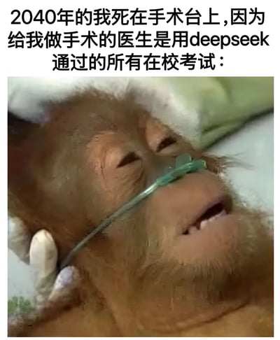图片上方文字虚构了2040年的场景：“我”死于手术台，原因是主刀医生依靠AI工具DeepSeek通过了所有在校考试。下方配图为一只红毛猩猩躺在类似医疗环境中，口鼻处插着绿色呼吸管，双眼微闭，表情虚弱，整体呈现出生命垂危的状态。图片通过荒诞的设定和猩猩的虚弱形象，讽刺了过度依赖AI工具作弊通过专业考试可能导致的严重后果，暗示未来可能出现不合格的专业人士（如医生）带来的安全隐患。