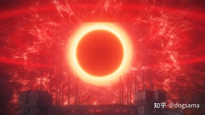 这是一幅充满末日科幻感的场景图，画面中心呈现出被明亮橙黄色光晕环绕的暗红色圆形天体，酷似日食现象；背景是翻涌流动的红色能量状纹理，仿佛狂暴的宇宙能量在肆意蔓延。画面下方是深色的工业建筑群剪影，高耸的烟囱与厂房在血色天光的映衬下显得压抑沉重，整体营造出震撼、神秘又充满末日氛围的视觉效果。