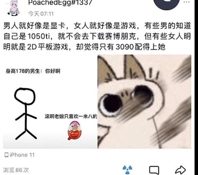 这是一条由iPhone 11发布的Discord社交动态，发布者ID为PoachedEgg#1337，浏览量86次。动态先以硬件与游戏的适配关系打比方：将男性比作显卡、女性比作游戏，讽刺部分男性有清晰自我认知（如性能一般的1050ti显卡不会尝试配置要求极高的《赛博朋克》），但部分女性自身条件普通（如同低配2D平板游戏），却对伴侣有着极高的要求（如同要求顶配3090显卡）。下方搭配自制简笔画与对话场景：身高178的男生主动打招呼，却被女性以“只喜欢一米八的”为由粗暴拒绝，右侧搭配网络流行的“震惊扭曲猫猫”表情包，强化了嫌弃、排斥的情绪，整体内容是对部分女性刻板且苛刻的择偶身高标准的吐槽。
