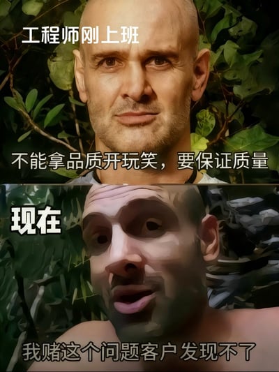这是一张上下对比的梗图，展示了工程师上班前后对质量态度的幽默转变。上图中，一位表情严肃的光头男性工程师背景为绿色植物，配文“工程师刚上班”和“不能拿品质开玩笑，要保证质量”；下图中同一位男性表情变得夸张扭曲，配文“现在”和“我赌这个问题客户发现不了”，形成鲜明反差，讽刺了职场中理想与现实的差距。