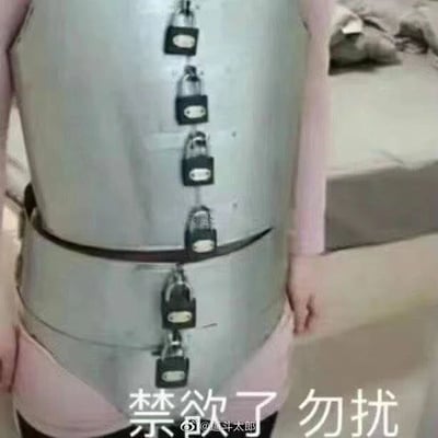 图片中显示一个人穿着灰色束身衣，束身衣正面垂直排列着多个黑色挂锁，从胸部一直延伸到腰部。人物穿着粉色衣物，背景似乎是室内环境，有模糊的家具。图片底部有白色文字'禁欲了 勿扰'，表达了保持禁欲、不希望被打扰的态度，整体呈现出一种幽默调侃的氛围。