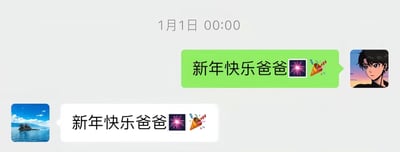 这是一张社交软件的聊天记录截图，顶部显示时间为1月1日00:00，使用动漫人物头像的子女一方先发出了绿色气泡的消息，内容为“新年快乐爸爸”搭配烟花、庆祝礼花的表情，向父亲送上新年祝福；使用湖景头像的父亲一方回复了白色气泡的消息，完全复制了子女发送的文案和表情，同样写着“新年快乐爸爸”，闹出了称呼上的乌龙，整体效果诙谐搞笑，呼应“父爱如山体滑坡”的标题。