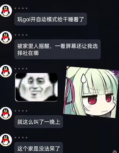 这是一张QQ聊天记录截图，展示了一个游戏玩家的社死经历。用户分享自己玩galgame时开自动模式睡着了，被家人摇醒后发现游戏正在让选择"社在哪"（可能是游戏中需要选择社交地点或有谐音梗），结果被家人误会，导致非常尴尬的局面。聊天记录中间穿插了两张表情包：左边是一个抽象的滑稽人脸，右边是一个金发红瞳、流着汗的尴尬动漫女孩，生动展现了当事人的社死心情。