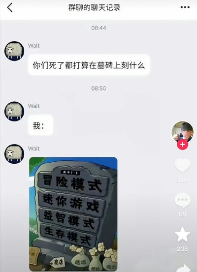 这是一张群聊截图，讨论“你们死了都打算在墓碑上刻什么”，随后回复使用了一个游戏风格的墓碑图像，上面刻着“冒险模式、整你游戏、蓝智模式、生存模式”，模仿许多游戏里的经典选项界面。这其实是在用网友自嘲的方式、搞笑地表达人生意义或者个人风格，结合了游戏语境，点出了“整你游戏”这种恶搞双关，也暗示生活像选择模式一样。

双关与恶搞：'整你游戏'和游戏选项模式结合，体现网友玩梗能力。