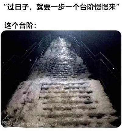 这是一张顶配底文的网络梗图，上方先给出一句充满正向感的话语“过日子，就要一步一个台阶慢慢来”，传递出踏实生活的理念，随后用“这个台阶：”引出下方的图片。图片展示的是一段被厚厚的冰雪完全覆盖的长台阶，台阶湿滑陡峭，看起来行走难度极大。通过这种文字与画面的强烈反差，调侃现实中的生活之路并没有预想中那么轻松顺遂，所谓的“一步一个台阶”实际充满了艰难险阻，以幽默的方式抒发了人们对生活不易的共鸣与感慨。
