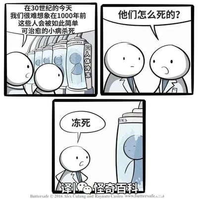 这是一幅三格黑白卡通连环漫画，设定在30世纪的未来场景。第一格中，两个普通卡通人物站在一排标注“人体冷冻”的舱体前，其中一人发出感慨，称在医疗发达的30世纪，很难想象1000年前的这些人会被简单可治愈的小病夺去生命；第二格切换到两个穿着白大褂的科研人员，其中一人面露疑惑，向同伴提问“他们怎么死的？”；第三格中，被提问的科研人员平静地给出答案“冻死”，揭晓了这些被冷冻的人并非死于古代的疾病，而是死于人体冷冻的低温，通过先入为主的误解制造出反转的黑色幽默效果，讽刺了人们仅凭表面信息就下判断的行为。