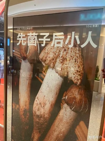这是一张商场内的广告图，主体为几根蘑菇的特写，上方大字写着“先菌子后小人”。由于蘑菇的位置、形状和色泽搭配，以及“先菌子后小人”的文字，画面整体会让人产生联想，具有暗示、谐音和双关效果。文案原意可能表达蘑菇美食活动先行，但实际上容易被网友联想到不雅含义，形成一种沙雕、魔性和擦边球的网络幽默风格。 

**谐音与暗示说明：**
- “先菌子后小人”中的“菌子”与不雅词汇谐音，加上蘑菇的长相，画面容易引发联想，语言和图像形成了双关。
- 文字和图片的组合有一定的暗示意味，在网络上很容易引发讨论和二次创作。