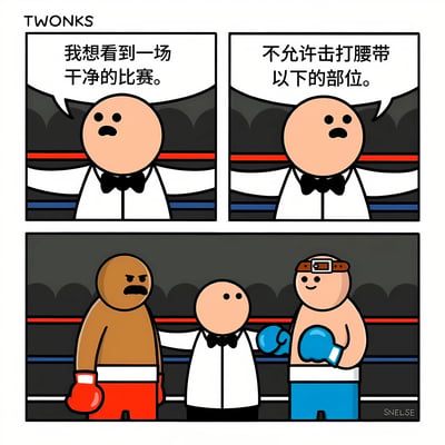 这是一幅三格连环漫画，标题为'TWONKS'。第一格中，穿着白色衬衫和领结的裁判站在拳击台上，表情严肃地说：'我想看到一场干净的比赛。'第二格中，裁判继续宣布规则：'不允许击打腰带以下的部位。'第三格展示了两位拳击手和裁判的场景，左侧拳击手戴着红色手套和红色短裤，表情严肃；右侧拳击手戴着蓝色手套、蓝色短裤并戴着头带，面带微笑；裁判站在两人中间，似乎在确认双方已了解规则。整体画面风格简洁，以黑色、白色和红色、蓝色为主色调，突出拳击比赛的场景和裁判的规则说明。