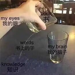这是一张文字加注的静态真人照片改图，画面中一只真人的手拿着标注有“book 书”的玻璃杯，将杯中标注为“words 书上的字”的液体，朝着下方标注为“my brain 我的脑子”的玻璃杯倾倒，同时在倒液体的手附近标注了“my eyes 我的眼”，液体的路径旁标注了“knowledge 知识”。这张图用非常形象的动作，比喻了很多人在学习时的无奈状态：眼睛看似看了书，但是书上的知识却无法真正被脑子吸收，是对学习效率低下、看过就忘的搞笑吐槽，很容易引发学习者的共鸣。
