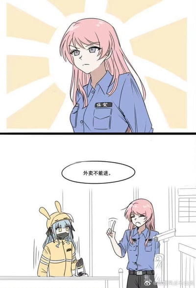 这是一则上下分镜的原创二次元条漫：
第一格中，身着蓝色保安制服的粉发女生表情严肃，背景的放射状高光强化了她的严肃气场；
第二格场景切换至园区门禁处，这位保安女生比出拒绝的手势，对着身穿黄色兔耳头盔外卖服的蓝发外卖员说道「外卖不能进」，外卖员站在栏杆外，神态显得十分无奈。
漫画无谐音梗、双关或暗示内容，还原了现实中常见的园区门禁阻拦外卖的日常场景。