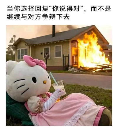 这是一张搞笑合成网络梗图，图中呈现了三丽鸥的经典卡通形象Hello Kitty的人偶，它正惬意地躺在草地上，手持一杯带吸管的饮品，神态放松悠闲；而在它身后，一栋房屋正燃起熊熊大火，火势迅猛，场面混乱。图片顶部配有文字“当你选择回复‘你说得对’，而不是继续与对方争辩下去”，将争辩带来的矛盾冲突类比为身后着火的混乱房屋，而Hello Kitty置身事外的悠闲姿态，则精准对应了人们在面对无意义争辩时，选择放弃争论、摆烂躺平，以此保全自身情绪稳定的心态，用夸张的反差感调侃了当代人在社交中的“躺平”应对方式。