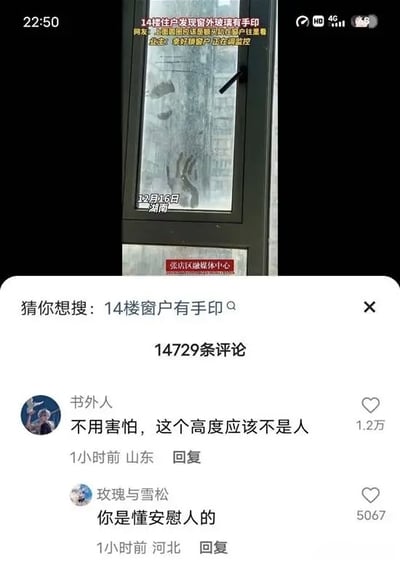 图片展示了14楼住户窗外玻璃上出现的神秘手印，玻璃表面可见多个模糊的手印痕迹，下方有“张店区域媒体中心”的标识。图片上方配有文字说明事件：“14楼住户发现窗外玻璃有手印 网友：上面雪后结冰指尖划过产生痕迹 物业：已安排窗户正在调查 12月16日 湖南”。下方是社交媒体评论区，显示有14729条评论，其中两条高赞评论：“书外人”留言“不用害怕，这个高度应该不是人”，“玫瑰与雪松”回复“你是懂安慰人的”，评论以黑色幽默的方式调侃手印来源的诡异。