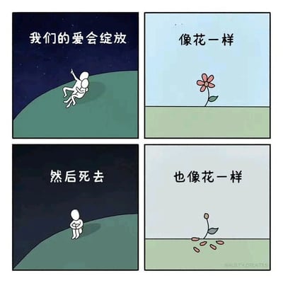 四格连环漫画，通过简笔画风格展现爱情的生命周期。第一格（左上）：深蓝色星空下，绿色山坡上躺着一个简笔人，手指向上，配文“我们的爱会绽放”；第二格（右上）：浅蓝色背景中一朵盛开的粉色小花，配文“像花一样”；第三格（左下）：同样的绿色山坡，简笔人抱膝静坐，背景为深色，配文“然后死去”；第四格（右下）：枯萎的花茎旁散落花瓣，配文“也像花一样”。整体通过花的绽放与凋零比喻爱情的短暂易逝，带有伤感氛围。