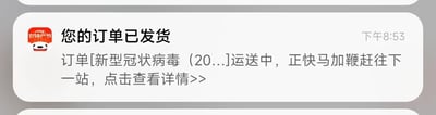 这是一张手机系统通知栏的截图，通知来自京东APP，发送时间为下午8:53，通知标题为「您的订单已发货」，正文却显示正在配送的订单名称为「新型冠状病毒（20...」，还搭配了常规物流通知的话术「正快马加鞭赶往下一站，点击查看详情>>」。将新冠病毒作为发货商品的内容设定充满荒诞感，属于恶搞类创作，调侃了感染新冠如同“收到病毒订单”的体验，具有搞笑效果。