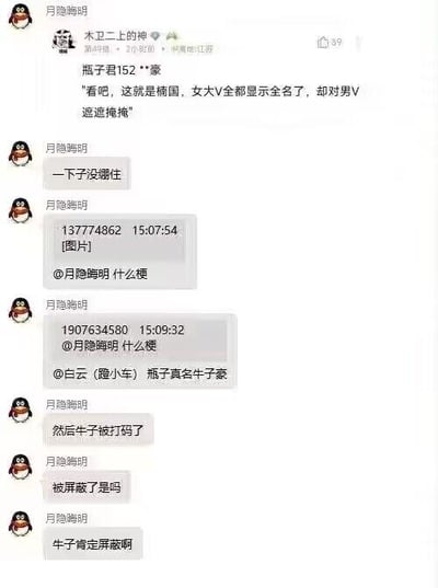 这是一段QQ群的聊天记录截图，群内成员围绕网络平台的内容显示与审核机制展开讨论：首先成员“瓶子君152**豪”吐槽某平台对女大V显示全名，对男V却遮遮掩掩；用户“月隐晦明”表示自己“一下子没绷住”；随后有群成员发送图片并询问“什么梗”，还有成员透露UP主“瓶子君152”的真名叫“瓶子牛子豪”；最后“月隐晦明”提到“牛子”被打码，疑惑是否被屏蔽，并肯定“牛子肯定屏蔽啊”，整个对话围绕平台审核的双标现象和网络敏感词屏蔽展开，是网友对网络平台规则的闲聊吐槽。