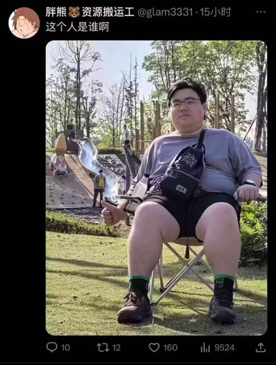社交媒体用户“胖熊 资源搬运工”发布了一张户外照片，配文“这个人是谁啊”引发身份猜测。照片中一名男子坐在草坪的折叠椅上，身穿灰色T恤与黑色短裤，斜挎黑色胸包，脚踩深色登山鞋及绿色袜子，右手竖起拇指。背景可见树木、滑梯游乐设施及远处活动的人群，整体场景为阳光明媚的公园环境。