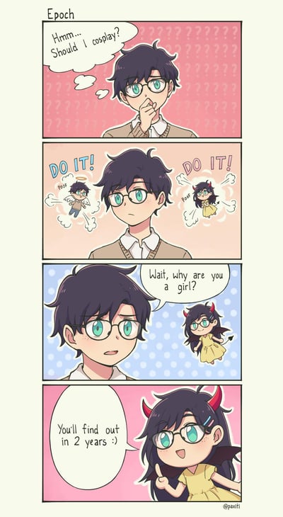 四格连环漫画讲述了一位戴眼镜的黑发少年的内心挣扎。第一格中，他手托下巴，背景是粉色带问号的图案，思考着“Hmm... Should I cosplay?”（嗯……我应该去cosplay吗？）。第二格背景变为浅粉色，少年两侧出现了带翅膀的天使小人和带角的恶魔小人，两者都举着“DO IT!”（去做吧！）的牌子鼓励他。第三格背景是蓝色波点，少年转向恶魔小人，疑惑地问“Wait, why are you a girl?”（等等，为什么你是个女孩子？）。第四格中，恶魔小人变成了穿着黄色连衣裙、有角和尾巴的少女，她俏皮地指着前方说“You'll find out in 2 years ;-)”（两年后你就知道啦 ;-)）。画风为可爱的卡通风格，人物表情生动，色彩明快。