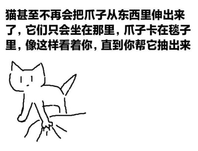 图片上方是一段描述猫咪行为的文字：'猫甚至不再会把爪子从东西里伸出来了，它们只会坐在那里，爪子卡在毯子里，像这样看着你，直到你帮它抽出来'。下方是一幅简单的线稿卡通画，描绘了一只猫咪的形象，它的一只爪子似乎卡在了类似毯子的物体中，身体微微前倾，表情呆萌地看着前方，生动展现了文字中描述的猫咪坐等人类救援的可爱场景。