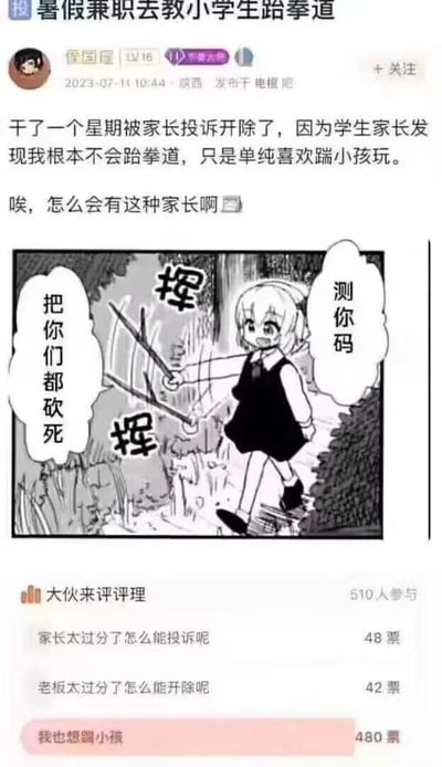 这是百度贴吧电棍吧的一则帖子截图，楼主「侯国瑶」分享自己暑假兼职教小学生跆拳道，干了一周因根本不会跆拳道、只是喜欢跟小孩玩被家长投诉开除的经历，并吐槽家长。帖子下方搭配了一张黑白卡通梗图，图中女孩挥着物品，配文「测你码 把你们都砍死」，表达愤怒的情绪。帖子还发起了「大伙来评评理」的投票，三个选项分别是「家长太过分了怎么能投诉呢」（48票）、「老板太过分了怎么能开除呢」（42票）、「我也想踹小孩」（480票），其中离谱的选项获得了绝大多数票数，形成搞笑的反差效果，玩梗意味浓厚。