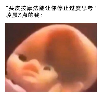 这是一张用来吐槽失眠的搞笑图文表情包，上方文字提出“头皮按摩法能让你停止过度思考”的说法，然后引出“凌晨3点的我”，下方是一张视觉错位的图片，呈现出一个仿佛被大轮廓包裹的委屈小脸，精准地表现出凌晨时分被过度思考困扰、无法入睡，尝试了所谓的头皮按摩法却完全没用，整个人处于疲惫、无奈又崩溃的状态，戳中了很多失眠人群的痛点，用幽默的方式共鸣了失眠时的痛苦。