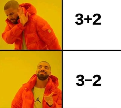 这是一张基于Drake 'Hotline Bling' meme模板的四格对比图。上半部分左侧Drake穿着红色夹克，抬手做出拒绝手势，右侧对应文字'3+2'；下半部分左侧Drake面带微笑，竖起大拇指表示赞许，右侧对应文字'3-2'。通过人物表情和动作的对比，幽默地表达对'3+2'和'3-2'的不同态度。