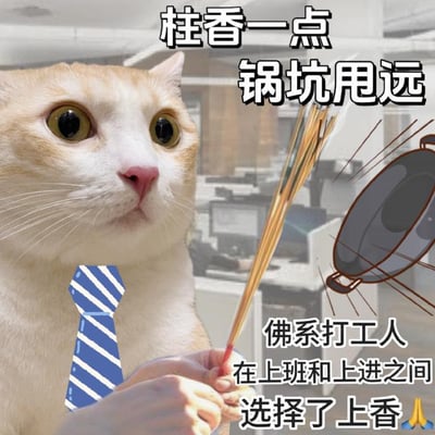 图片主体是一只戴着蓝白条纹领带的猫，瞪大双眼表情惊讶，手中拿着一把香。背景为模糊的办公室场景，有电脑等办公设备。图片上方有文字“柱香一点 锅坑甩远”，下方文字为“佛系打工人 在上班和上进之间 选择了上香”。整体通过拟人化的猫形象和幽默文字，调侃职场中部分人不愿内卷、选择“佛系”态度的现象，以轻松方式表达对工作压力的无奈与自嘲。