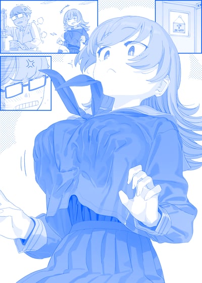 蓝调单色漫画风格插画，主体为一位身着水手服的女学生，她仰头露出惊讶表情，头发与制服褶皱细节丰富。画面四周分布多个小分镜：左上角男生在实验室操作仪器，表情狰狞似遇意外；上方女生握拳站立，神情愤怒；右上角为标有“化学准备室”的门牌；左下角是戴眼镜男生的愤怒特写。整体构图以主角色为中心，分镜辅助展现事件背景，线条流畅，蓝白配色营造出紧张又略带清新的校园氛围。