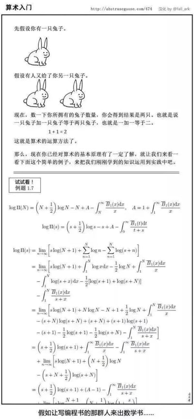 这是一张讽刺类搞笑梗图，内容模拟算术入门教材的编写逻辑：开篇用非常浅显易懂的兔子举例，通过“1只兔子加1只兔子得到2只兔子”的例子讲解1+1=2的基础算术，给读者营造内容十分简单的预期，随后画风骤变，标注为“简单例题1.7”的内容却是包含对数运算、极限、积分、伯努利多项式等知识点的复杂高等数学推导公式，内容难度出现极其夸张的跳跃，底部配文“假如让写编程书的那群人出来出数学书......”，讽刺了部分技术类教材尤其是编程类教材存在入门案例过于简单，后续内容难度毫无过渡直接飙升，对新手极不友好的通病。