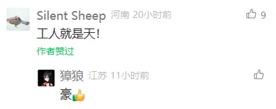 这是一张社交媒体平台的评论区截图，界面清晰展示了两条用户评论及相关互动信息。第一条评论来自IP属地河南的用户“Silent Sheep”，发布于20小时前，内容为“工人就是天！”，该评论获得9个点赞，且被内容作者点赞；第二条评论来自IP属地江苏的用户“獰狼”，发布于11小时前，内容为“豪👍”，获得1个点赞。两条评论均配有对应的卡通风格用户头像，整体界面简洁明了，传递出网友对工人群体的认可与赞同的正向态度。