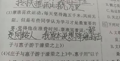 这是一张语文作业或试卷的局部实拍照片，呈现的是古诗文默写填空题场景。其中第(3)题给出的语境为：康康热爱运动每天坚持跑五千米，有同学认为他浪费时间不如学习，要求填写康康的回应内容，正确答案应为《庄子与惠子游于濠梁之上》中的相关古文，但答题者没有填写正确答案，反而在横线处手写了网络热门梗“都是同龄人，我原本没想降维打击”，形成强烈反差的搞笑效果。题目上方的另一道填空则填写了庄子《逍遥游》的名句“抟扶摇而上者九万里”，页面右侧还露出了部分选择题的题干和选项内容。
