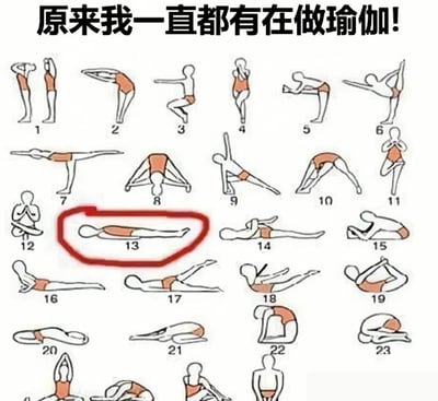 这张梗图用漫画风格展示了23种瑜伽动作，其中第13号动作是一名平躺的人，被用红色圈框特别标出。配文“原来我一直都有在做瑜伽！”结合13号动作，产生幽默效果：原来平躺‘躺尸’也能算作瑜伽动作。图中暗示平时躺平其实也很健康、很“专业”，带有自嘲和调侃。没有明显的谐音梗，但有“躺平”等社会现象的讽刺双关。