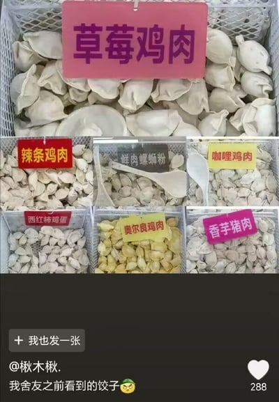 这是一张来自社交平台的截图，展示了多款颠覆传统认知的奇葩口味饺子。画面最上方是一筐标注“草莓鸡肉”的白色饺子，下方的六个格子里分别摆放着辣条鸡肉、鲜肉螺蛳粉、咖喱鸡肉、西红柿鸡蛋、奥尔良鸡肉、香芋猪肉口味的饺子，这些馅料组合将水果、零食与肉类混搭，打破了大众对饺子馅料的常规印象，显得十分猎奇。截图底部是发布者的配文“我舍友之前看到的饺子”，并搭配了一个无奈的表情，该内容获得了288个点赞，这类猎奇美食内容很容易引发网友的讨论与关注。