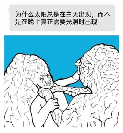 这是一张图文混排的网络搞笑内容，上方以聊天框形式呈现一个无厘头脑洞问题：“为什么太阳总是在白天出现，而不是在晚上真正需要光照时出现”；下方是一幅卡通风格的线稿图，画面里两个外形为大脑的拟人形象，其中一个大脑满脸泪痕、表情痛苦扭曲，呈现崩溃哭闹的状态，被另一个大脑用类似大脑组织的手臂掐着脖子，这个被掐的大脑还抓着对方的手臂，整体画面夸张地表现出人被这类逻辑颠倒的无厘头问题折磨、大脑内部自我纠结崩溃的状态。实际上这个问题混淆了因果关系：白天的定义就是地球该区域被太阳照射的时间段，正是因为太阳的照射才有了白天，而晚上是地球自转使得该区域处于背对太阳的位置，所以无法被太阳照射，并非太阳“故意”不在晚上出现。