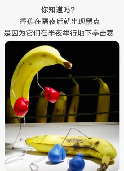 这是一张脑洞大开的趣味梗图，通过P图给香蕉装上拳击手套，布置出拳击台对战场景，上方配文用拟人化的搞笑设定解释：香蕉隔夜长黑点是因为半夜举行地下拳击赛，把香蕉表皮自然出现黑点的日常现象，用充满创意的“拳击伤痕”脑洞来调侃，风格轻松搞笑，让人忍俊不禁。