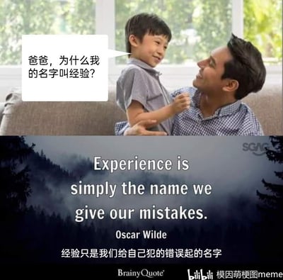 这是一张多图拼接的搞笑梗图，上半部分是一张亲子照片，画面里小男孩抱着爸爸的脖子，笑着向爸爸提问“爸爸，为什么我的名字叫经验？”；下半部分是名言网站BrainyQuote上的奥斯卡·王尔德的名言，英文原文为“Experience is simply the name we give our mistakes.”，配有中文翻译“经验只是我们给自己犯的错误起的名字”。这张图将两者结合玩梗，利用“经验”的定义，暗示小男孩是爸爸犯错误（类似未婚先孕这类失误）后诞生的，是一个带有调侃意味的梗，用严肃的名言制造出荒诞搞笑的效果。