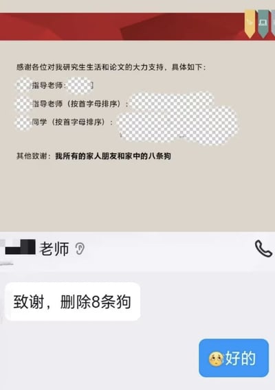 图片上半部分是研究生论文致谢页面，内容为'感谢各位对我研究生生活和论文的大力支持，具体如下：指导老师：[模糊处理] 指导老师（按首字母排序）：[模糊处理] 同学（按首字母排序）：[模糊处理] 其他致谢：我所有的家人朋友和家中的八条狗'。下半部分是聊天界面截图，显示'老师'发送消息'致谢，删除8条狗'，对方回复'好的'并附带一个微笑表情。整体通过对比致谢内容和老师的修改要求，幽默展现了学术写作中可能遇到的小插曲。