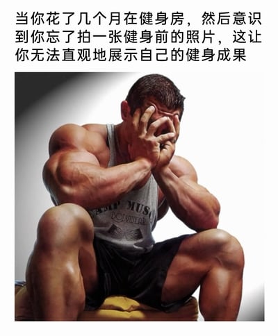 这是一张针对健身爱好者的搞笑梗图，上方配文描述了一个扎心的场景：当一个人花费数月在健身房刻苦锻炼，练出了极具力量感的夸张肌肉线条后，才发现自己忘记拍摄健身前的对比照片，导致无法直观地向他人展示自己的健身成果。图中的肌肉壮汉双手捂脸蹲坐，肢体姿态和神情都传递出强烈的懊恼与崩溃感，夸张地放大了健身爱好者遇到这种遗憾情况时的郁闷心情，引发健身人群的共鸣。
