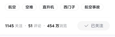 这是一张网页UI截图，呈现了一个聚焦航空相关事故的话题页面信息。页面顶部设置了五个关联话题标签，分别为“航空”“空难”“直升机”“西门子”“航空事故”，用于关联同类内容；下方清晰展示了该话题的热度数据：共有1145人关注该话题，话题下有51条评论，累计获得454万次浏览量；页面右侧有一个带有对勾标识的“已关注”按钮，说明当前账号已经完成了对该话题的关注操作。