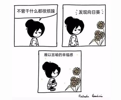 这是一组由三格构成的黑白卡通连环漫画，讲述了一个女孩的情绪转变过程：第一格中，扎着丸子头、身穿波点上衣的女孩眉头微皱，神情低落，配文“不管干什么都很烦躁”，直观展现出她被烦躁情绪完全笼罩的状态；第二格中，女孩依旧神情低落，目光转向身旁的几株向日葵，配文“发现向日葵”，暗示情绪的转折点即将到来；第三格中，女孩蹲下身，脸上露出柔和的笑意，配文“难以言喻的幸福感”，清晰呈现出向日葵给她带来的治愈效果，让她从烦躁转为满足幸福。画面右下角标注有作者签名“Natasha Goodwin”，整体画风简约温馨，传递出自然事物对人情绪的治愈力量。