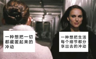 这是一张基于影视截图二次创作的网络meme，画面截取自电影《黑天鹅》的走廊场景，展示了两位女性角色对视的画面。创作者为两个角色分别添加了文字：左侧背对镜头的角色对应“一种想把一切都藏匿起来的冲动”，代表着封闭自我、不愿对外展露生活的心态；右侧由娜塔莉·波特曼饰演的妮娜对应“一种想把生活每个细节都分享出去的冲动”，代表着渴望对外分享、展现生活的心态。这组文字精准地捕捉到了当代人普遍存在的矛盾社交心理，将两种完全对立的内心冲动具象化，极易引发大众共鸣。