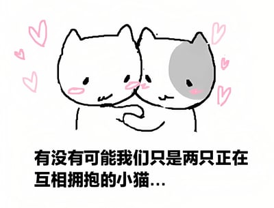 图片中是两只可爱的卡通小猫，左侧为全身白色的小猫，右侧小猫头部有一块灰色斑块。它们正面对面互相拥抱，脸颊都带着粉色腮红，显得十分腼腆。周围环绕着多个粉色爱心图案，增添了温馨氛围。图片下方有一行黑色文字：“有没有可能我们只是两只正在互相拥抱的小猫...”。整体画风为简约线条手绘风格，色彩柔和，传递出温暖、治愈的可爱感。