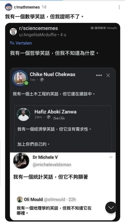 这是一张由多个海外社交平台截图拼接而成的接龙式梗图，展示了不同学科领域的人用自身专业特点创作的自嘲式笑话：
1. 数学领域：以“无法证明”呼应数学严谨的证明要求；
2. 哲学领域：以“不知道为什么”对应哲学对根源的探讨与难以捉摸的特质；
3. 土木工程：以“还在建设中”贴合土木的工程建设属性；
4. 经济学：以“没有需求性”对应经济学核心的供需关系概念；
5. 统计学：以“不够显著”呼应统计学中的显著性检验内容；
6. 地理学：以“不知道在哪里”对应地理研究空间位置的特点。
每一句都精准紧扣对应学科的核心特征，用自嘲的方式玩梗，充满趣味，十分贴合各领域从业者的日常语境。