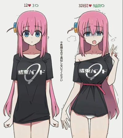 图片展示了两个动漫风格美少女角色的对比。左侧角色表情中性，穿着合身的黑色T恤，T恤上有白色文字"結束バンド"；右侧角色表情惊讶，T恤滑落至肩膀，身体比例更加夸张，并做出和平手势。两个角色都有粉色长发和蓝色眼睛，头上戴着相同的彩色发饰。图片上方有类似社交媒体点赞和评论的数字显示，中间有日文警告文字"※危険なので真似しないでください"（※危险行为，请勿模仿）。