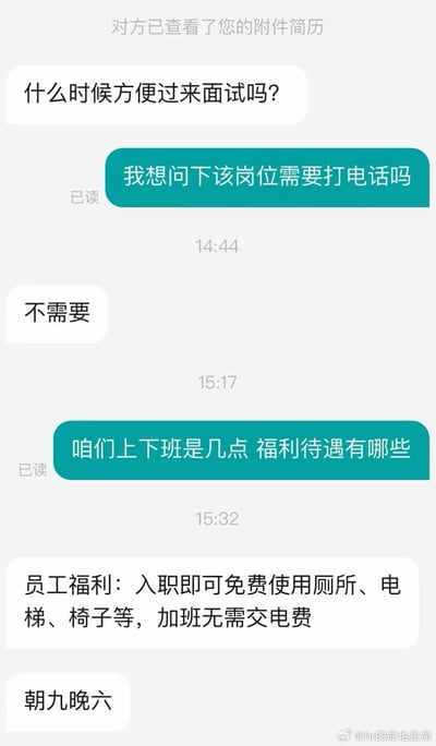 这是一张求职者与招聘方的社交聊天记录截图，流程为：招聘方查看求职者的简历后发出面试邀请，求职者依次询问该岗位是否需要打电话、上下班时间以及公司福利待遇；招聘方回复岗位不需要打电话，上下班为朝九晚六，而列出的员工福利十分滑稽奇葩，称福利为「入职即可免费使用厕所、电梯、椅子等，加班无需交电费」。该内容吐槽讽刺了部分企业招聘毫无诚意，将本该具备的基础办公条件当作员工福利吸引求职者，暴露了企业抠门、缺乏正规福利的问题，引发职场求职者共鸣。
