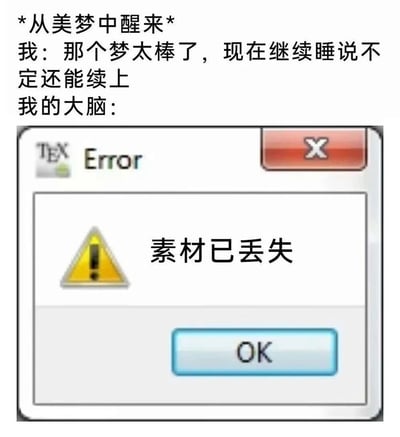 这是一张幽默吐槽类梗图，上方文字描述了“从美梦中醒来”的场景，“我”觉得梦境很棒，想继续睡觉续上梦境，而“我的大脑”则以一个错误对话框的形式回应，对话框中显示“素材已丢失”，下方有“OK”按钮。图片通过将梦境比作丢失的素材文件，用电脑错误提示的形式幽默地表现了人们醒来后难以续接美梦的常见经历，引发共鸣。